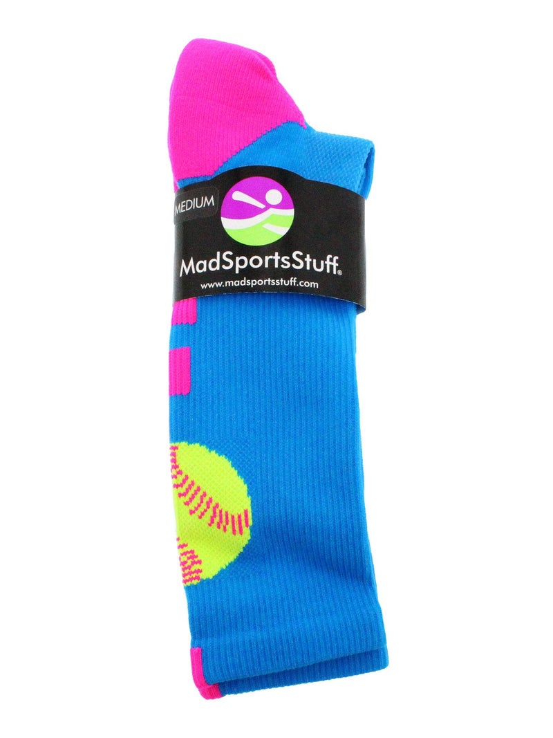 MadSportsStuff Softball Logo Crew Socks (Electric Blue/Neon Pink, Small) - Image 2